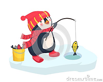 Penguin fisherman caught fish Vector Illustration