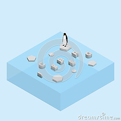 Penguin on floating ice sheet and a text word ICEBERG. Global warming and ice melting concept of sea level rise Vector Illustration