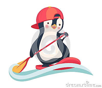 Penguin floating on a SUP board Cartoon Illustration