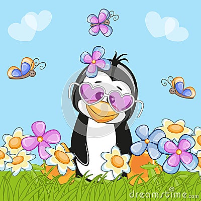 Penguin with flowers Vector Illustration