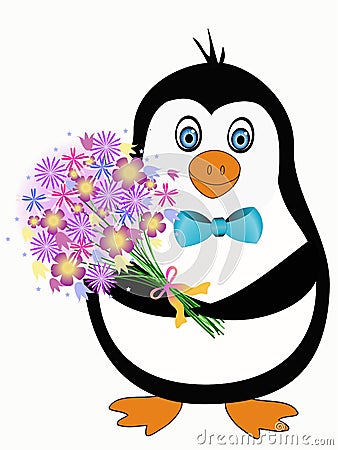 Penguin with flowers Vector Illustration