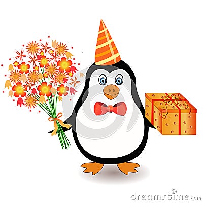 Penguin with flowers Vector Illustration