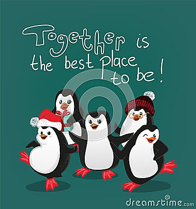 Penguin with friends christmas card vector together is the best place to be Stock Photo