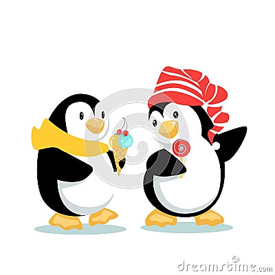 Penguin Friends Walk Chatting and Eating Snacks Vector Illustration