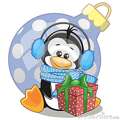 Penguin in a fur headphones Vector Illustration