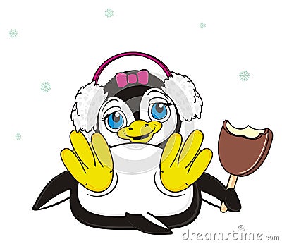 Penguin girl in big headphones with chocolate ice creame Stock Photo