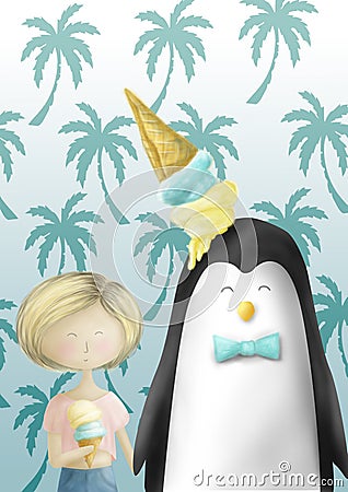 A penguin and a girl with ice cream Stock Photo