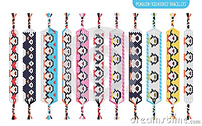 Penguin handmade friendship bracelets set of threads or beads. Macrame normal pattern tutorial Vector Illustration