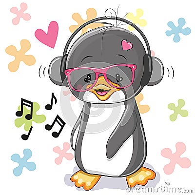 Penguin with headphones Vector Illustration