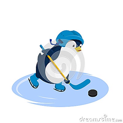 Penguin in helmet playing hockey. Isolated character in cartoon style. Winter sport. Fanny image of arctic bird Vector Illustration