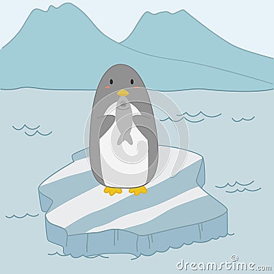 Penguin Holding Fish on Ice Floe Vector Vector Illustration