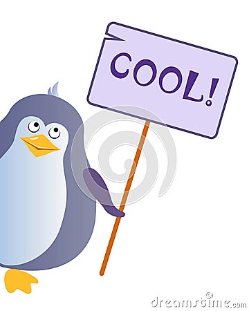 Penguin holds a sign with an inscription `COOL`. Vector Illustration