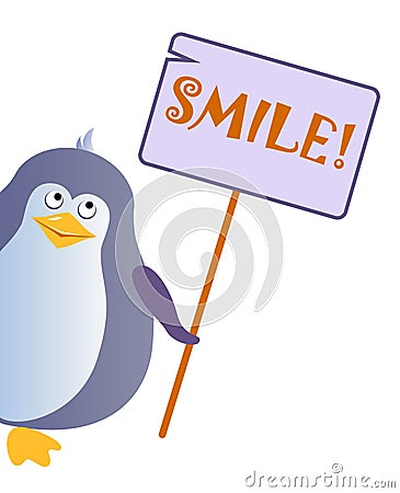 Penguin holds a sign with an inscription `SMILE`. Vector Illustration