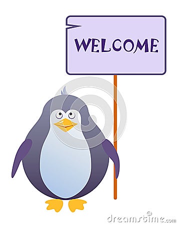 Penguin holds a sign with an inscription welcome Vector Illustration