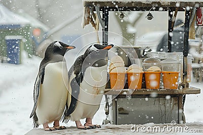 Penguin Ice Cream Vendor: See penguins in a snowy landscape running an ice cream stand, Generative AI Stock Photo