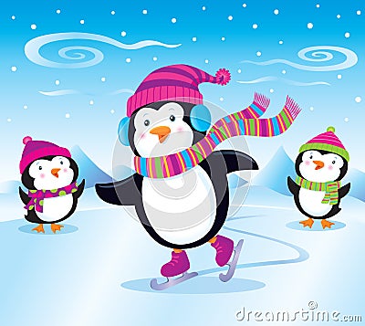 Penguin Ice Skating Cartoon Illustration