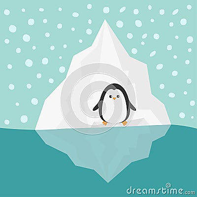 Penguin on Iceberg Blue water Snow in the sky Flat design Winter background Vector Illustration