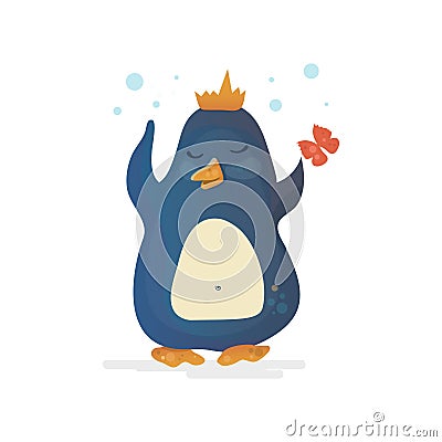 Penguin king in the crown with butterfly Vector Illustration