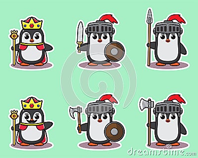 Vector illustration of cute Penguin King and knight cartoon set Vector Illustration