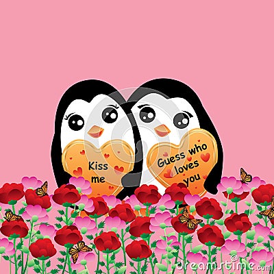Penguin lover flower field Vector Illustration