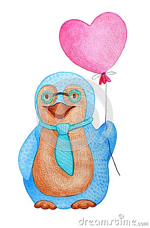 Penguin lover - watercolor illustration. Balloon - red heart. Cartoon Illustration