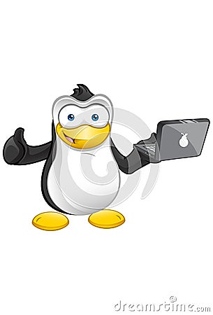 Penguin Mascot - Thumb Up -Laptop Vector Illustration