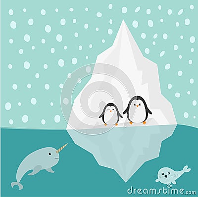 Penguin, narwhal and seal family Iceberg Blue water Snow in the sky Flat design Winter background Vector Illustration