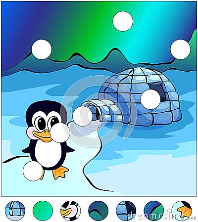 Penguin near the igloo and northern lights in the sky. Vector Illustration