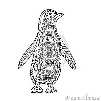 Penguin. Ornament Embroidery. Hand Drawn Pattern. Outline Black & White Vector Illustration