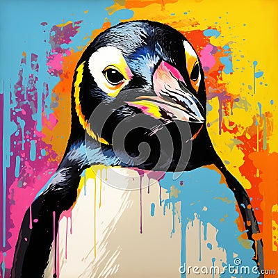 Colorful Penguin Painting In Aggressive Pop Art Style Stock Photo