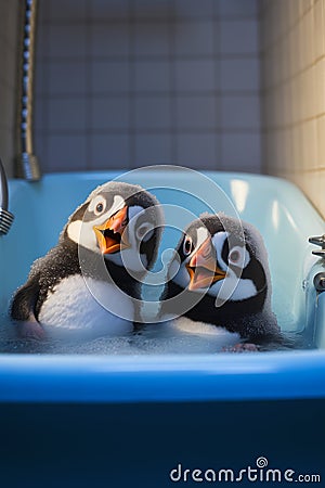 Penguin Playtime: Adorable Creatures Beat Coronavirus with Smile Stock Photo