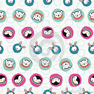 Penguin Polar Bear Bunny Rabbit Scarf Circle Christmas Seamless Pattern Vector Illustration