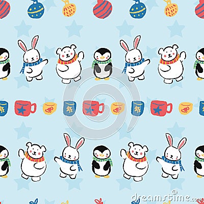 Penguin Polar Bear Bunny Rabbit Scarf Cup Ball Balls Christmas Seamless Pattern Vector Illustration