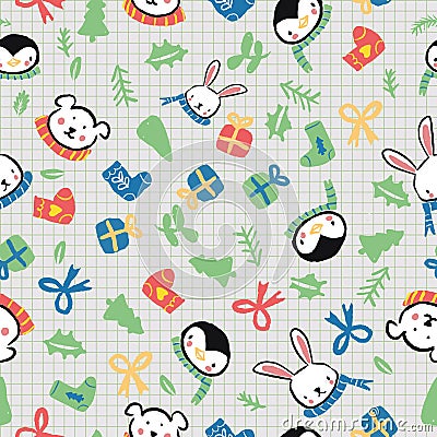 Penguin Polar Bear Bunny Rabbit Scarf Present Gift Bow Christmas Seamless Pattern Vector Illustration