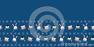 Penguin Polar Bear Bunny Rabbit Scarf Snowflake Christmas Frame Border Seamless Pattern Vector Illustration