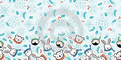 Penguin Polar Bear Bunny Rabbit Scarf Snowflake Christmas Frame Border Seamless Pattern Vector Illustration