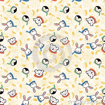 Penguin Polar Bear Bunny Rabbit Scarf Snowflake Christmas Seamless Pattern Vector Illustration