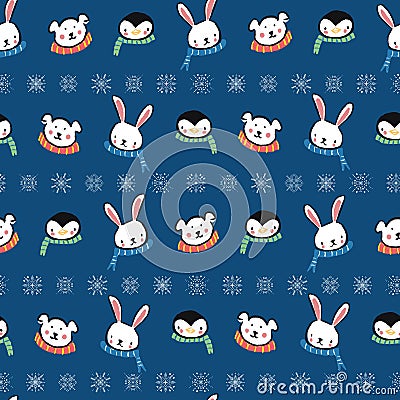 Penguin Polar Bear Bunny Rabbit Scarf Snowflake Christmas Seamless Pattern Vector Illustration