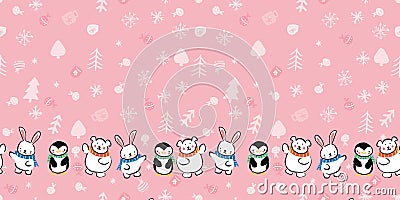 Penguin Polar Bear Bunny Rabbit Scarf Snowflake Christmas Tree Frame Border Seamless Pattern Vector Illustration