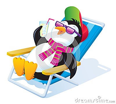 Penguin Relaxing In the Sun with Iced Drink Cartoon Illustration