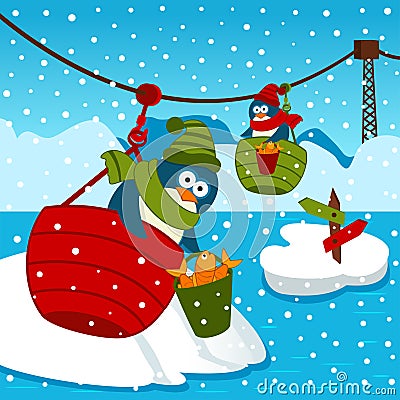 Penguin on ropeway Vector Illustration