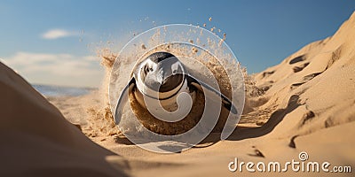 a penguin running through sand Stock Photo