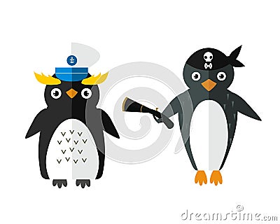 Penguin sailor pirate vector animal character illustration. Vector Illustration