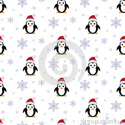 Penguin in Santa hats. Snowfall. Seamless pattern. Vector. Flat. Cartoon Illustration
