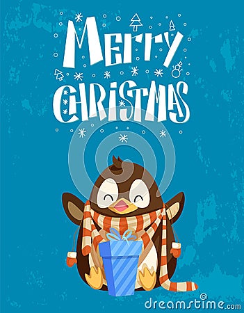 Penguin in Scarf with Gift Box, Christmas Card Vector Illustration