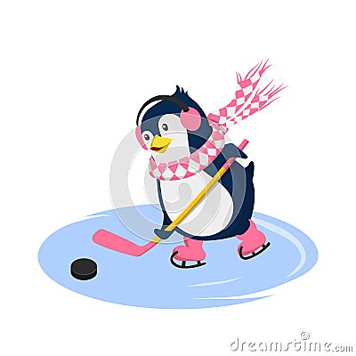 Penguin in scarf playing hockey. Isolated character in cartoon style. Winter sport. Fanny image of arctic bird Vector Illustration