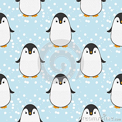 Penguin seamless pattern background. Cute Christmas cartoon doodle vector illustration with snow Vector Illustration