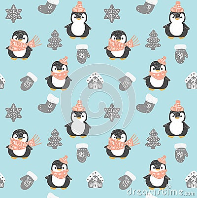 Penguin seamless pattern. Cute penguins in red Christmas hat and scarf isolated on blue background with diffrent christmas decorat Vector Illustration