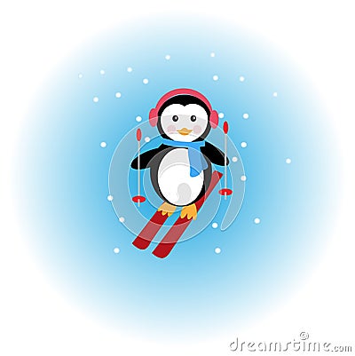 Penguin skiing in the snow Vector Illustration