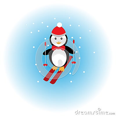 Penguin skiing in the snow Vector Illustration